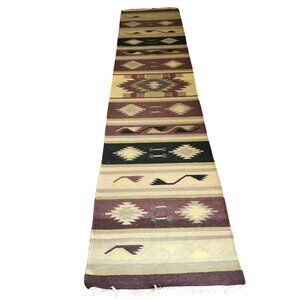 Southwestern Wool Runner Carpet Tan & Burgundy Gray Brown Rug 11.5' x 2.5'
